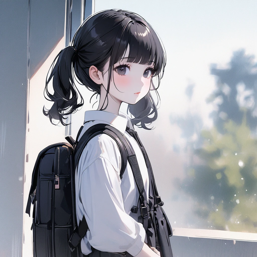 Girl, black hair, simple, bangs, pigtails, black eyes, pale skin, delicate, rosy cheeks, school, backpack, thin hair, slim, beautiful, solo, cute, japanese