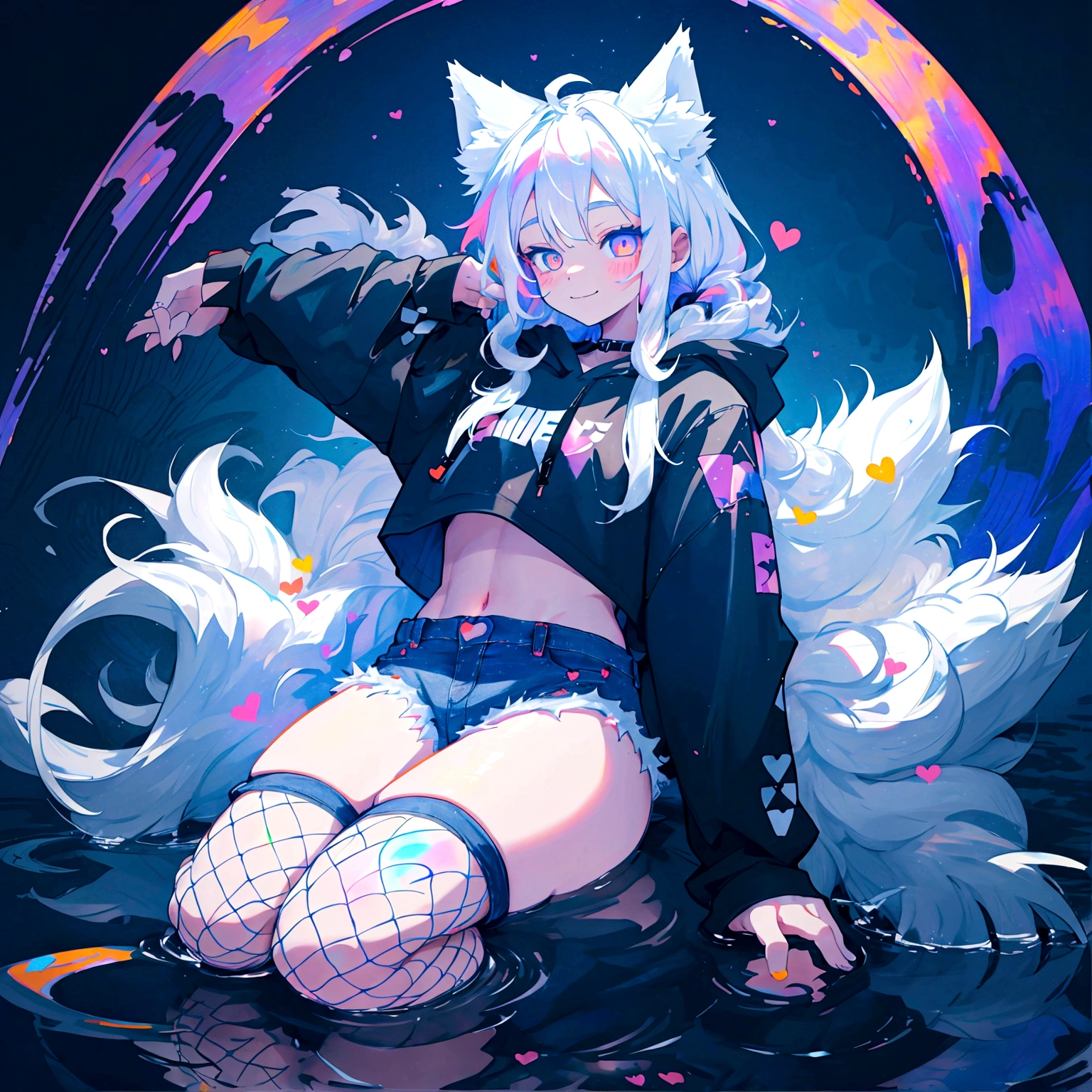 a cute adult male with wolf ears, long white hair, long locks, has a wolf tail, wearing a loose cropped black hoodie, wearing a pair of denim short shorts and fishnet stockings, thick thighs, wide hips, relaxing on mound of fluffy multi colored kawaii plushies, short, very slim, showing slender tummy, heart on hoodie, squishy thighs, has glowing blue eyes. alone, solo (ALONE)(SOLO), surrounded by rainbows, colorful galaxy backround, smiling, stretching out, water reflection