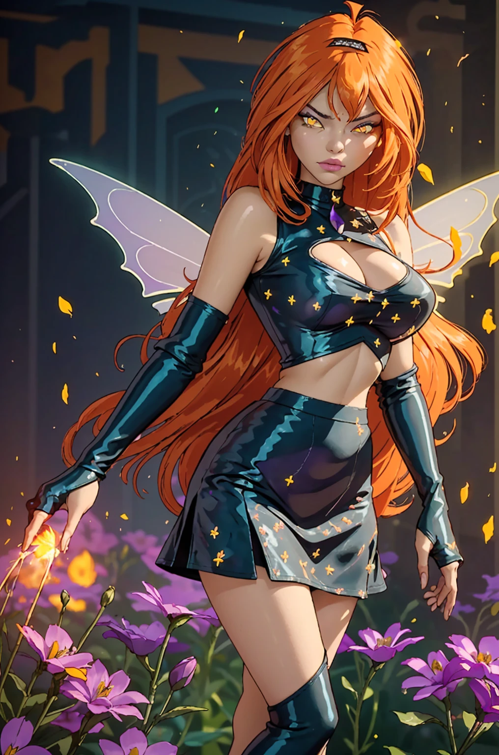 (ultra realistic,32k, masterpiece:1.2),(high detailed skin:1.1),( high quality:1.1),
Dark Bloom,rolling eyes, orange hair, very long hair, yellow eyes, boots, black skirt, gloves, black shirt, wings, sparkling clothing, thighhighs, flower field,(fire flowers:1.1), flowers,sunshine, pollen, pollen particles, blurry background,, (huge breast,large breast:1.1),(looking at viewer, standing,:1.1),(soft shaded neon light:1.1),