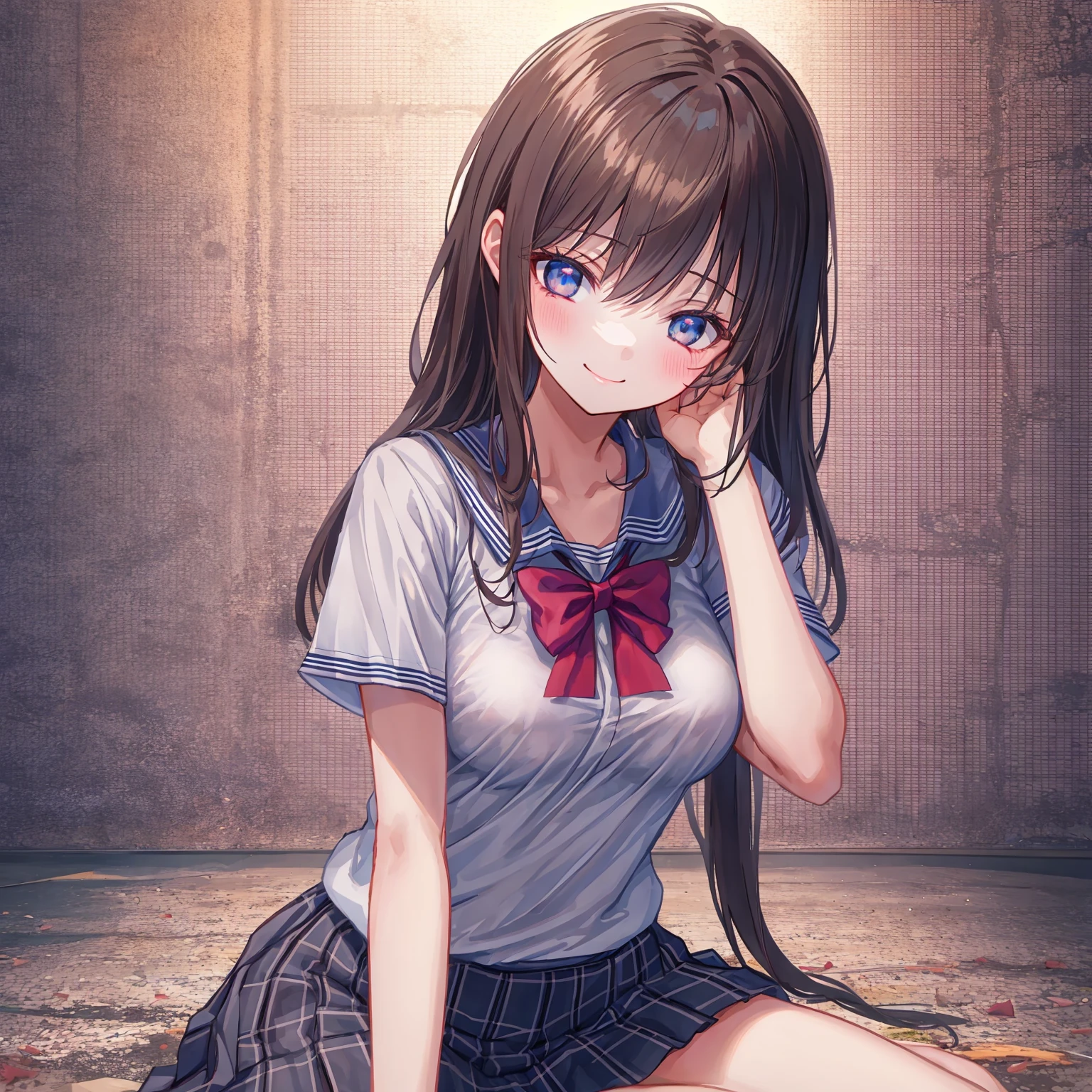 hair dark brown 1;4,Left wink,closed mouth,smile,middle ,{{high quality bra}},Abandoned school building at night,Sitting on the ground,{{beautiful large and medium size breasts 1:4}}, {{schoolgirl}}, black pleated skirt, top quality, From Below, cute girl, High quality background, slanted eyes, detailed shirt chest wrinkles, {{{high school girl}}}, BREAK, {{beautiful blue eye1:4}}, BREAK, five fingers