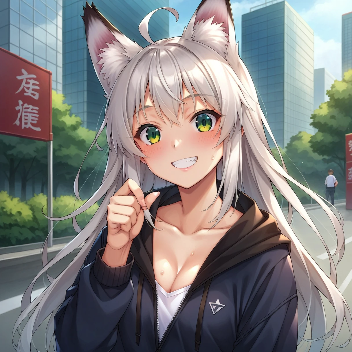 score_9, score_8_superior, score_7_superior, score_6_superior, score_5_superior, score_4_superior, Break Source_anime,throw,city,Outdoor,smile,Are standing, Shirakami_fubuki, Gray Hair, Long Hair, Ahoge, Animal ears, Green Eyes, chest, Fox&#39;s Tail,White T-shirt,Short sleeve,jeans,denim