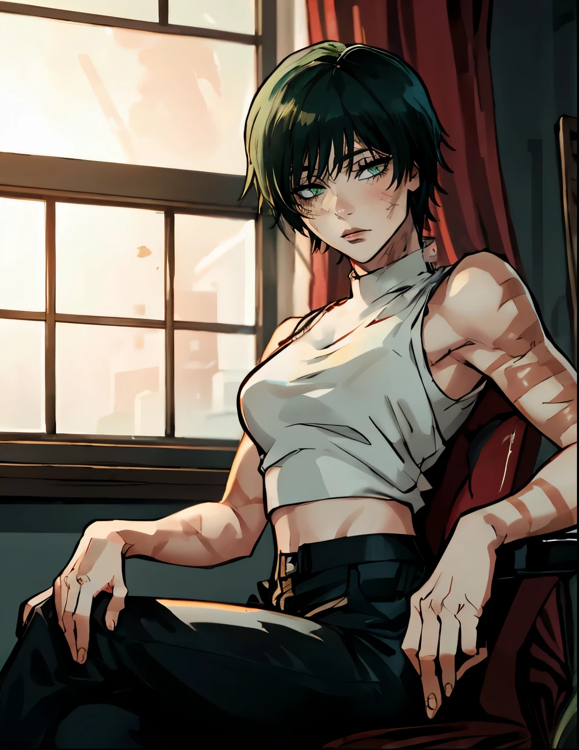 (masterpiece:1.2, best quality:1.2, beautiful, high quality, highres:1.1), detailed, extremely detailed 4K, perfect eyes, perfect face, black crop top, sleeveless shirt, calm expression, big beautiful eyes, perfect lighting, in front of window, beautiful view, small chair, beautiful face, (1girl, solo, adult female, mature female), thin, lithe body, Maki Zenin, detailed eyes, long black tucked in pants, seductive eyes, beautiful eyes, perfect eyes, short green hair, short hair, bangs, beautiful woman, circle shaped eyes, sitting down, indoors, on a chair, perfect shaped eyes, clear shot of eyes, scar on body, yellow eyes, (medium breasts), ((sensual seductive))