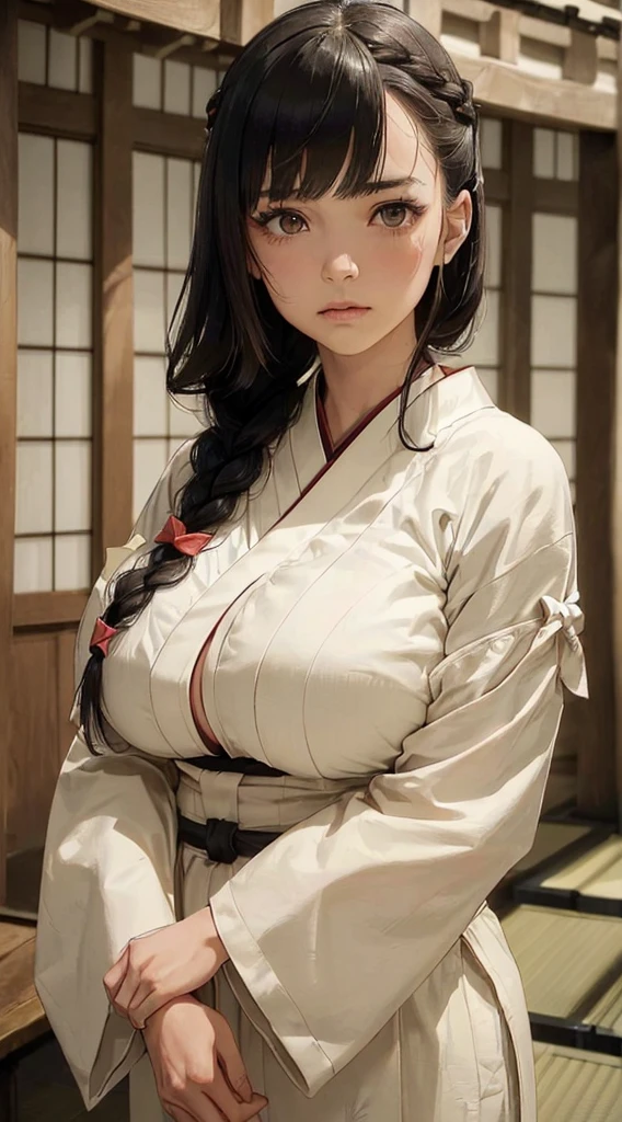 (Woman with Japan long bow:1.4)、One Girl,Black hair Bangs Long hair、Braided hair、Disheveled Hair、Light brown eyes、(Extraordinary beauty)、(Dignified look)、(In the same way:1.4)、(Big Tits:1.4)、dojo、(Photorealistic)、(Intricate details:1.2)、(masterpiece、:1.3)、(Highest quality:1.4)、(Ultra-high resolution:1.2)、Ultra-high resolution、(Detailed eyes)、(Detailed facial features)