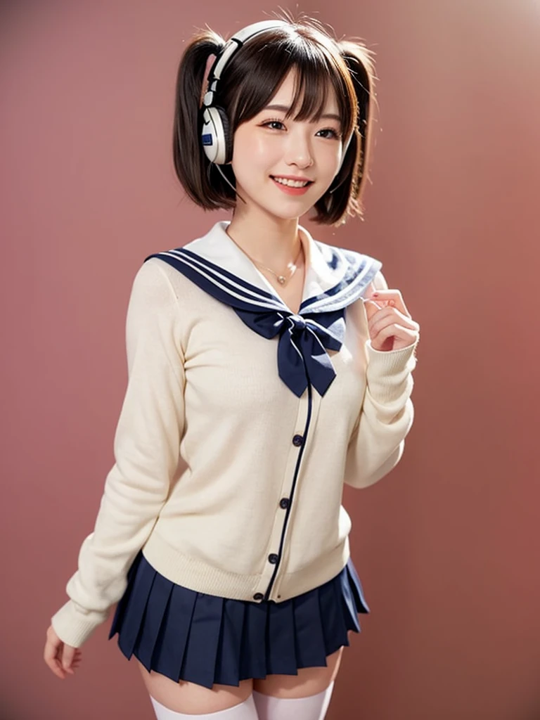 best quality, masterpiece, realistic, photorealistic, 1girl, solo, looking at viewer, smile, standing, full body, arms at side, cosplay, BLACK hair, twintails, hair ornament, very short hair, headphones, alternate costume, , sailor collar, shirt, long sleeves, necktie, skirt, pleated skirt, white thighhighs, loafers, simple background, Japanese women、24-years-old、The background is a pure white room、Singing on a microphone、No bangs、The chest is very small、very Short hair