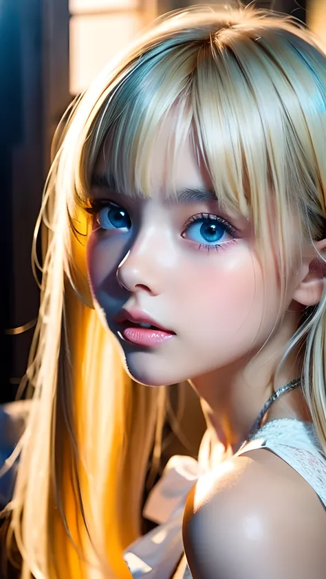 Shiny, Beautiful snow-white skin、Blonde color changes depending on the light、Messy bangs、Bangs between the eyes、Cheek gloss high...