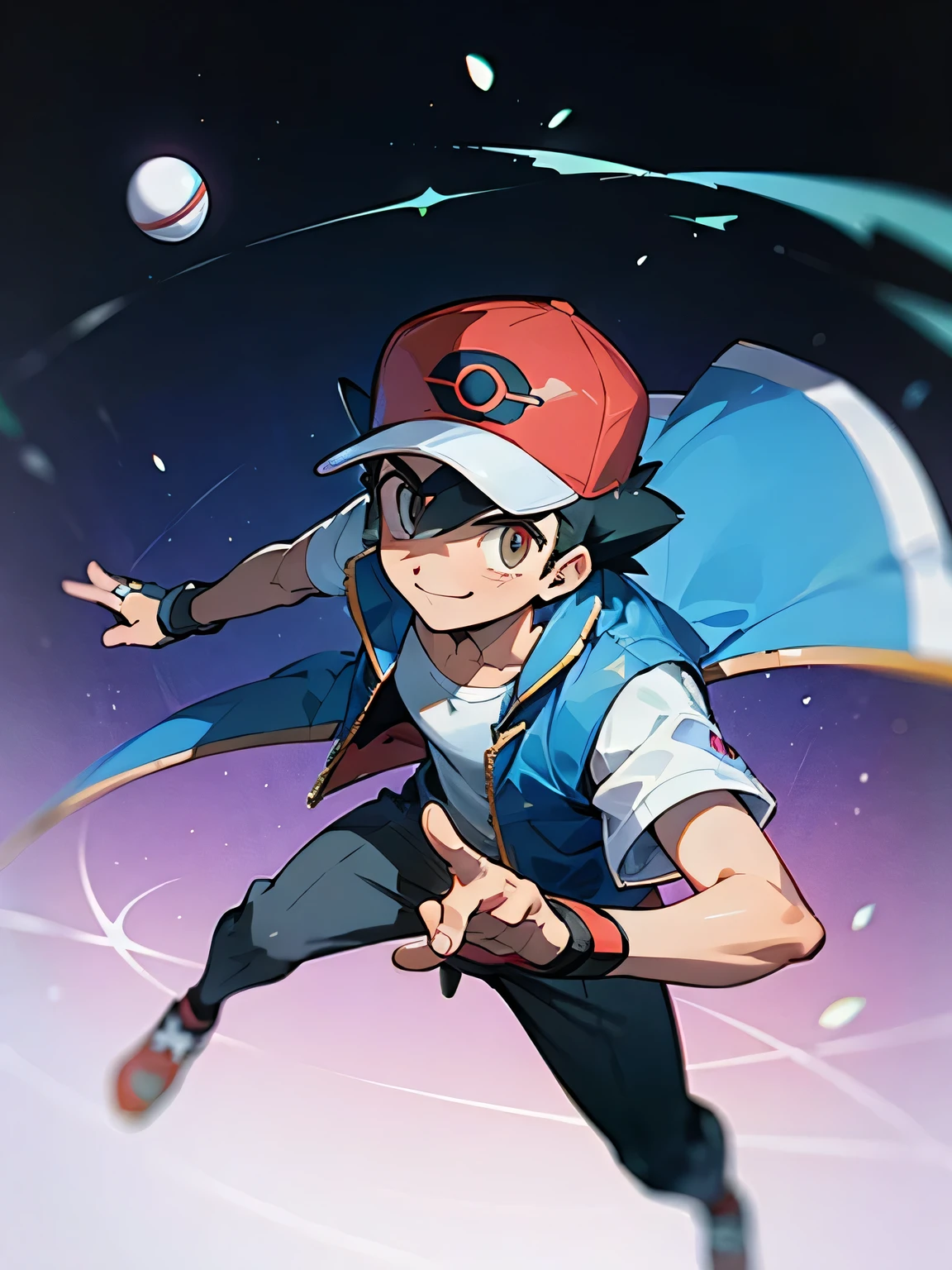 from above1.3,(masterpiece, best quality:1.2), (ball throwing pose:1.2), dutch angle,solo, 1boy pokemonketchum, smile, looking at viewer, baseball cap, blue jacket, sleeveless jacket, shirt, short sleeves, pants, fingerless gloves,