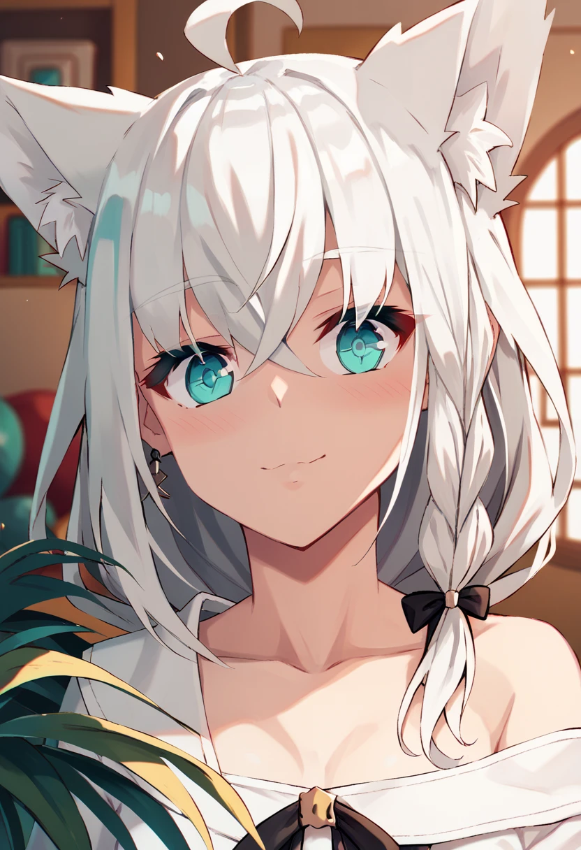 {{{Shirakami_fubuki}}}, Fox Girl, Gray Hair,Braiding, Ahoge, Animal ear hair, Aqua Eye, Black Ribbon, White shirt, Off the shoulder