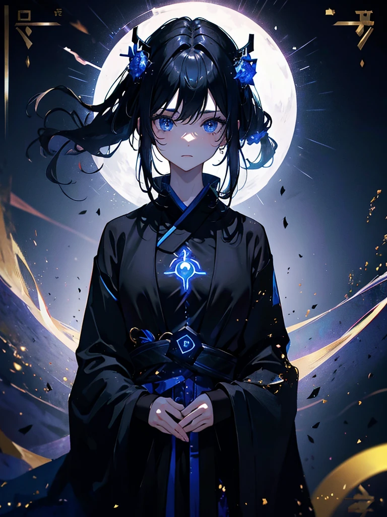 25-year-old girl、Rune background、black magician、Wearing a black robe、mesmerize、cute woman、Elegant hairstyle、indigo hair color、Slightly shorter hair、blue eyes、look at the viewer、masterpiece、Best image、