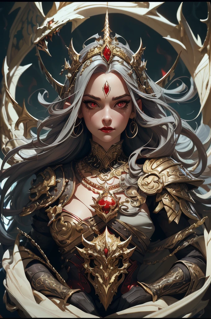 seulement, photo du corps entier, Panorama, une magicienne (Christian Stewart, portant une couronne à deux cornes, châle longs cheveux dorés, détails des yeux représentés. les yeux rouges, silver Balance armor, her cheeks have silver dragon Balance and dragon decoration, semble naturel et puissant, eye-liner noir, her red lips look intimidant and majestic with a sharp and prominent chin, confiant et majestueux, red Balance long cape, elle ressemble à un dragon mythique, intimidant, rouge à lèvres rouge foncé avec une grande silhouette, charmant, charmant, luxure, style mythique, dragon Balance, Balance, mal), contexte complexe (style médiéval fantastique, Château en feu, ciel rouge sang), détails du visage (1.3) Détail des yeux, Éclairage cinématographique, Panorama, encart projeté, UHD, chef-d&#39;œuvre, (Meilleure qualité), (Best Illuxureration), (meilleure ombre), précis, peau texturée, Haute qualité, détails élevés, Super détail, primé, Meilleure qualité, haute résolution, Anatomiquement correct, 8k, Fermer, rétroéclairage, métallique