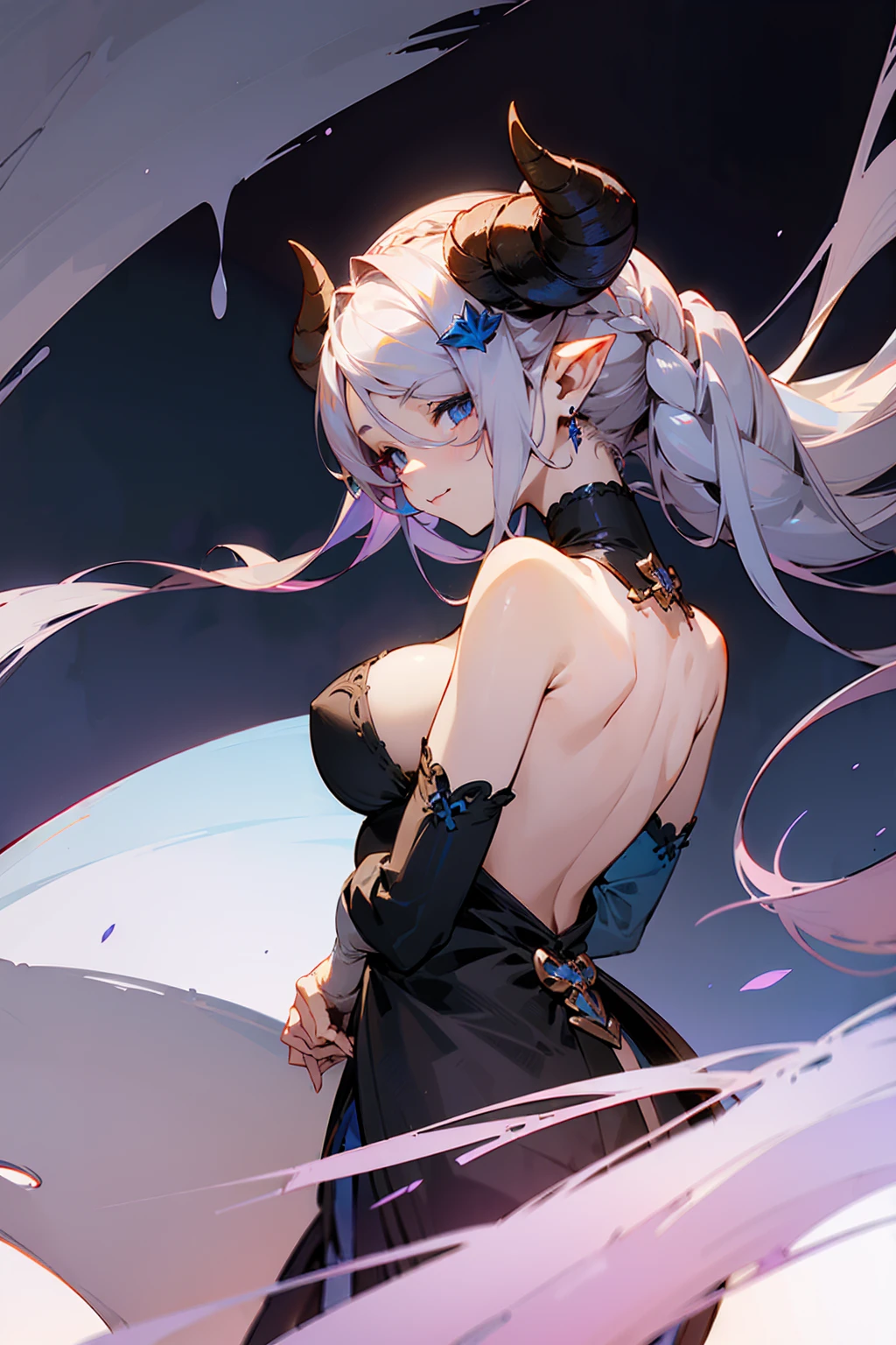 (((1 demon girl))), ((detailed blue eyes)), ((long silver hair)), large breasts, perfectly drawn body, seductive smile, narmaya, perfect butt, rear view, backside view, best quality, masterpiece, ultra-detailed