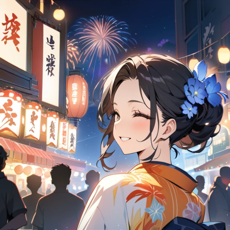 (best quality,8k,highres, masterpiece:1.2), (anime style),ultra-detailed, HDR, UHD, studio lighting, ultra-fine painting, sharp focus, physically-based rendering, extreme detail description, professional, vivid colors, bokeh, portraits, concept artists, warm color palette, dramatic lighting,Summer festival night,1 beautiful woman,(blue flower pattern kimono),updo, big smile, closed eyes, (The cityscape lined with the fairs of summer festivals),(beautiful hair, glowing skin,),(Silhouette of a passing crowd),(fireworks in sky background),
