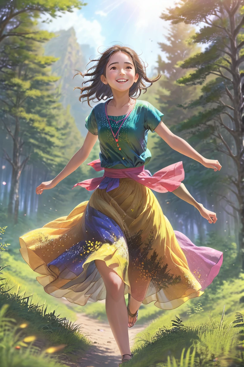 a beautiful young girl running through a vast, expansive world, closeup detailed portrait, long flowing skirt, lush forest background, natural beauty, inspirational, radiant smile, vivid lighting effects, (best quality, 4k, 8k, highres, masterpiece:1.2), ultra-detailed, (realistic, photorealistic, photo-realistic:1.37), dynamic movement, serene landscape, ethereal, dreamy, vibrant colors