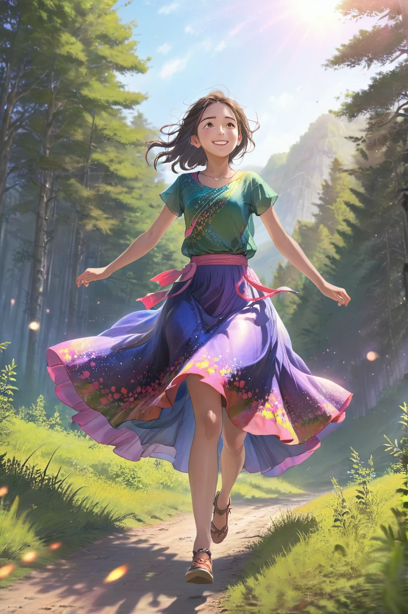 a beautiful young girl running through a vast, expansive world, closeup detailed portrait, long flowing skirt, lush forest background, natural beauty, inspirational, radiant smile, vivid lighting effects, (best quality, 4k, 8k, highres, masterpiece:1.2), ultra-detailed, (realistic, photorealistic, photo-realistic:1.37), dynamic movement, serene landscape, ethereal, dreamy, vibrant colors
