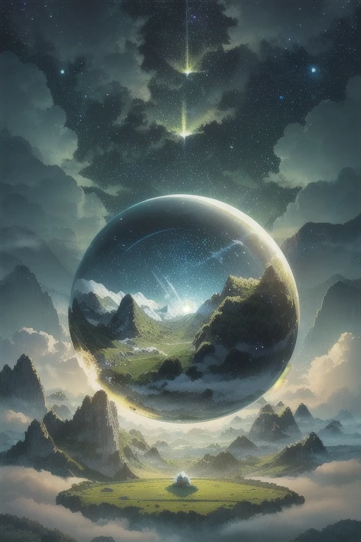 A giant mirror sphere floating in space, flickering lights, sad hamster lost (heaven like green fields surrounded by high mountains and clouds:1.3), particles in the air, god rays, stars in the background, intricate fractals, detailed, (illustration), masterpiece, high resolution, best quality.