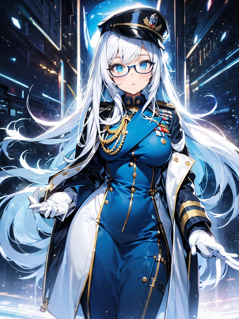 masterpiece, best quality, beautiful girl, white hair with blue inner color, emerald green eyes, dark blue military uniform, mature_female, eye_glasses, white gloves, anime, dark blue military hat, very_long_hair, perfect body, red ribbon, commander, science_fiction, black knee-high boots, white pencil skirt , cowboy_shot, best quality, large_breasts, ultra-detailed, high quality, modern military uniform, sci-fi, royal blue Trench Coat, one girl 