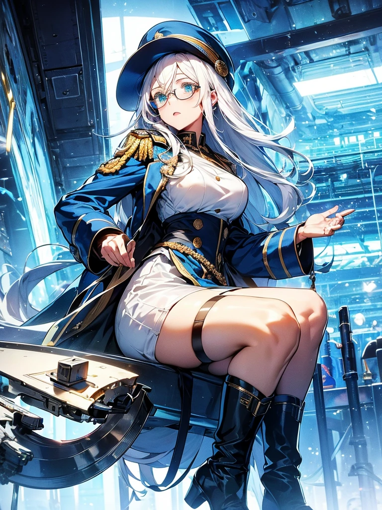 masterpiece, best quality, beautiful girl, white hair with blue inner color, emerald green eyes, dark blue military uniform, mature_female, eye_glasses, white gloves, anime, dark blue military hat, very_long_hair, perfect body, red ribbon, commander, science_fiction, black knee-high boots, white pencil skirt , cowboy_shot, best quality, large_breasts, ultra-detailed, high quality, modern military uniform, sci-fi, royal blue Trench Coat, one girl 