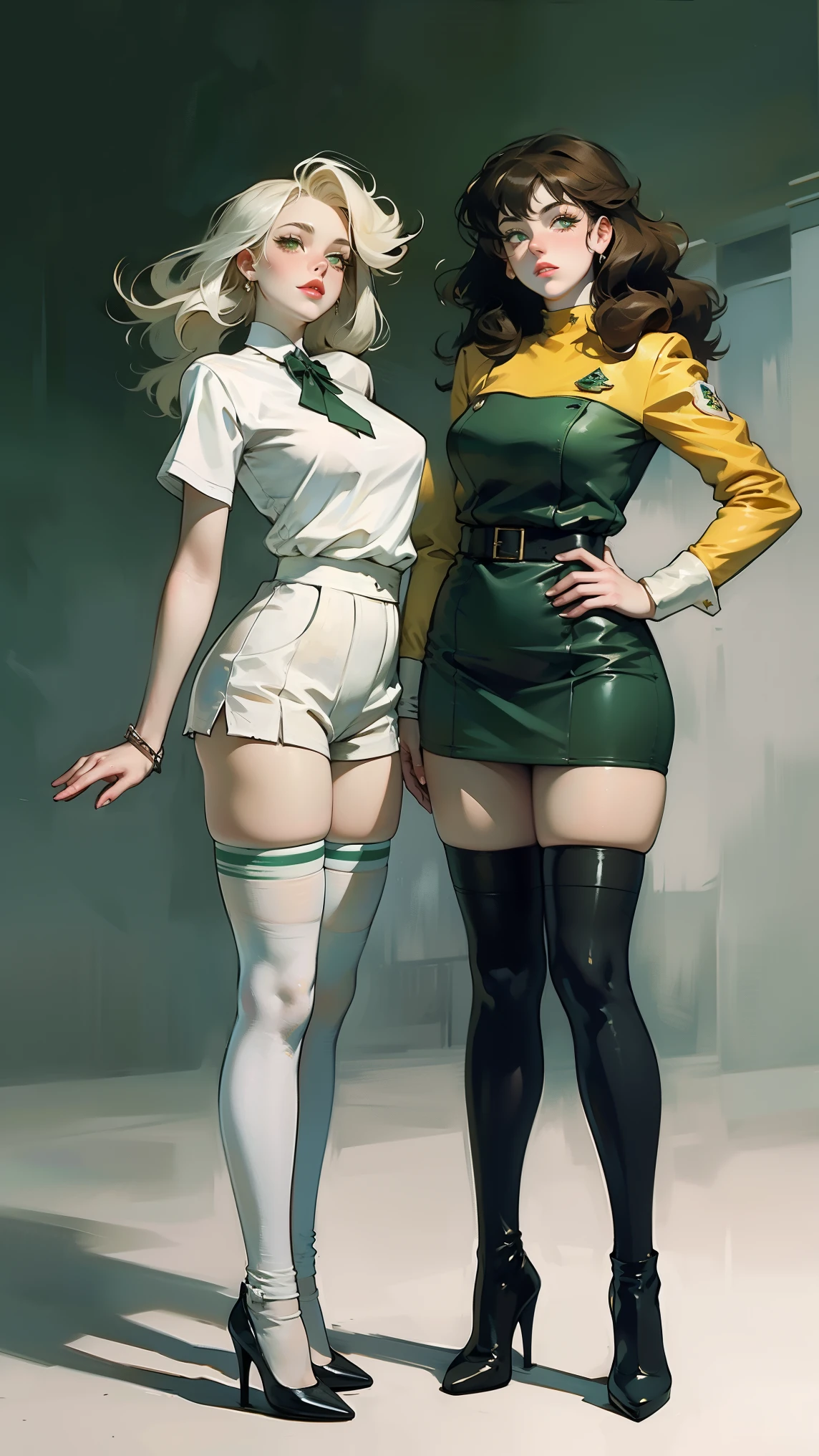 (((full body photo))) ((Masterpiece, highres)), 2girls, duo, twins, ((one brown haired girl, one blonde girl)), long hair, curly hair, matching hairstyles, different hair color, confident, elegant, (((matching outfits, matching uniforms, green uniforms, white thighhighs, long white socks, black high heels))), standing at attention, shoulder to shoulder, same pose, mansion, RETRO ARTSTYLE, 1990S (STYLE)
