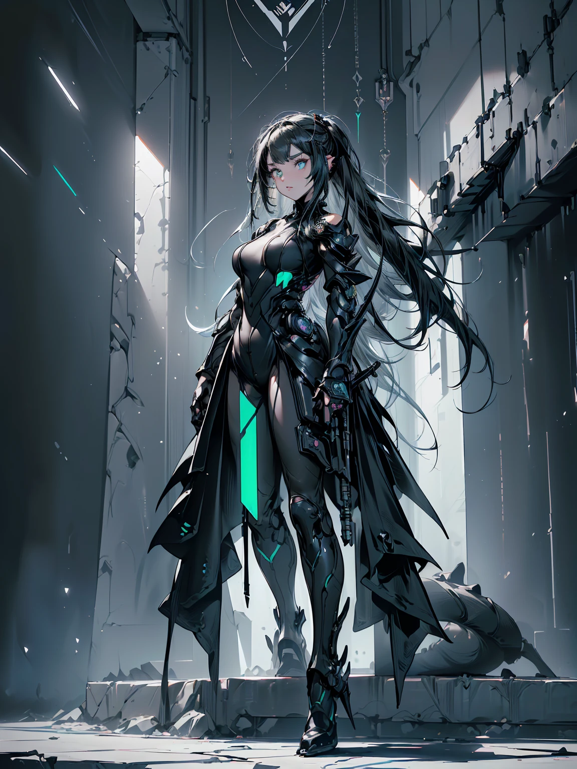 Design a layout showcase Gaming character, (1girl). Black+Silver clothes, sleek and modern, ((showcase weapon:1.4)), laser gun, (masterpiece:1.2), (best quality), 4k, ultra-detailed, (Step by step design, layout art:1.5), (neon lighting, cyber ambiance), cyberpunk, ((tech gloves)), (((revealing jumpsuit:1.3))), tech armor, combat boots, (((full_body_shot:1.4)))