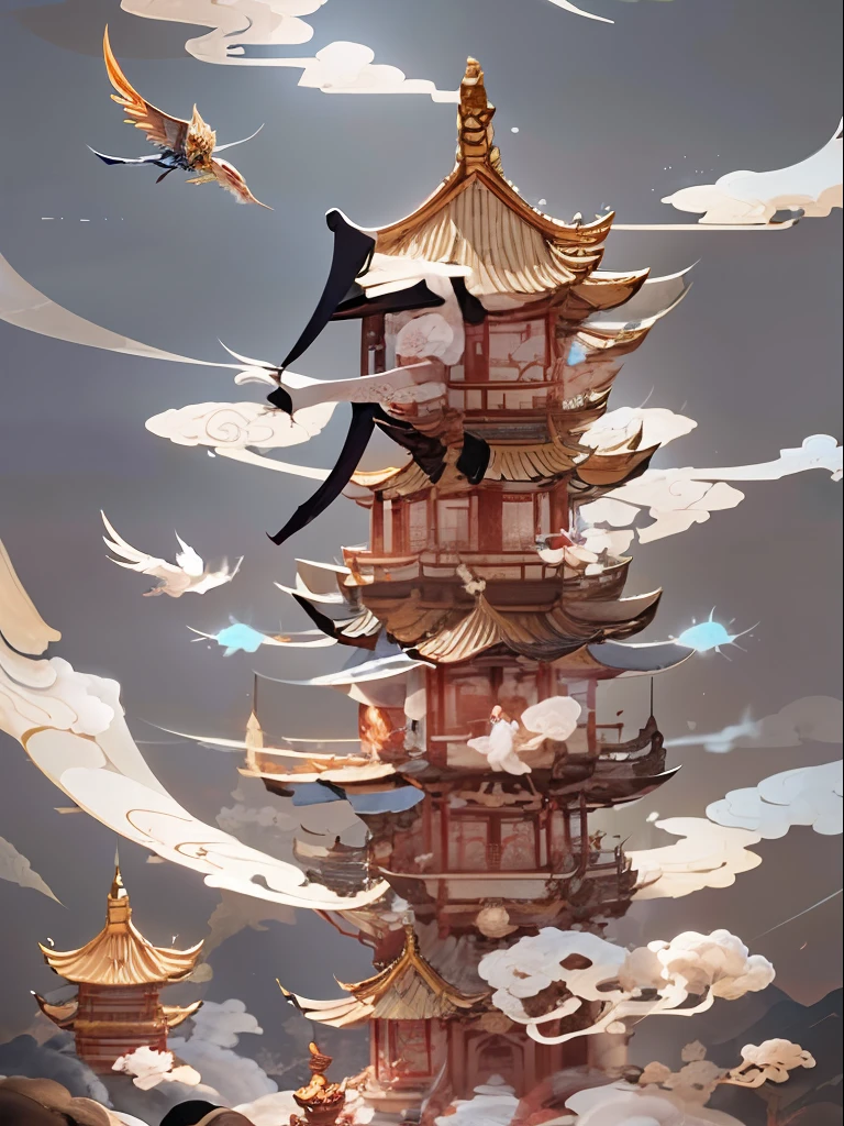 Da sitzt ein Vogel auf einem Tisch im Himmel, Chinesischer Surrealismus, chinesische fantasie, Feiyun-Burg, Auf dem Thron liegend in einem Fantasieland, hohe goldene himmlische Tore, Surrealistische Konzeptkunst, Pagodenfiguren, feng zhu |, Wolkenpalast, inspiriert von Brian Despain, Autor：Qu Leilei, Autor：julianisch