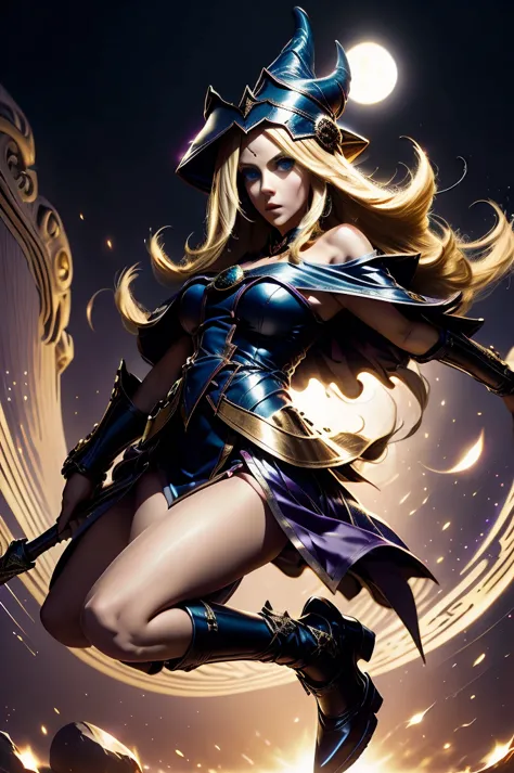 dark magician girl, perfect body, blond hair, wizard staff, jumping