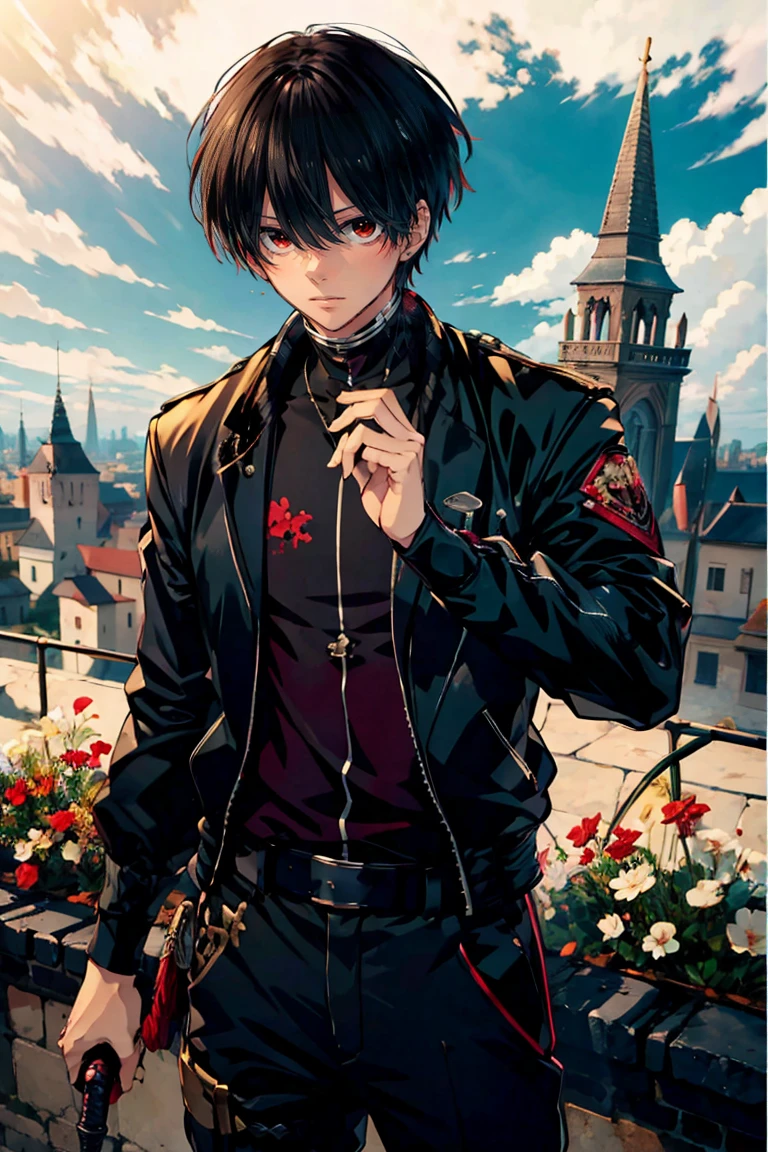 (masterpiece, best quality:1.2), rekkyou sensen,rekkyo sensen, hasuichi nishizono, short hair, black hair, red eyes, boy, male, anime,1boy, bangs, hair between eyes, jacket, looking at viewer, male focus, solo, zipper, black clothes, black gloves, silver choker, background with((fantasy world, village, ruin, castle, beautiful sky, shining sky, sunshine))