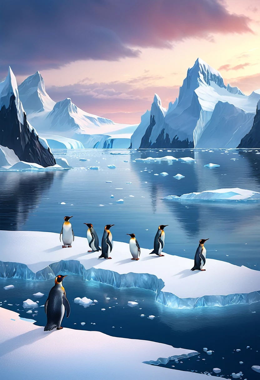 A beautiful dawn in Antarctica with penguins, cinematic lighting, stunning landscape, serene atmosphere, detailed penguins, glowing sky, dramatic clouds, snow covered mountains, crystal clear water, photorealistic, digital art, concept art, hyperdetailed