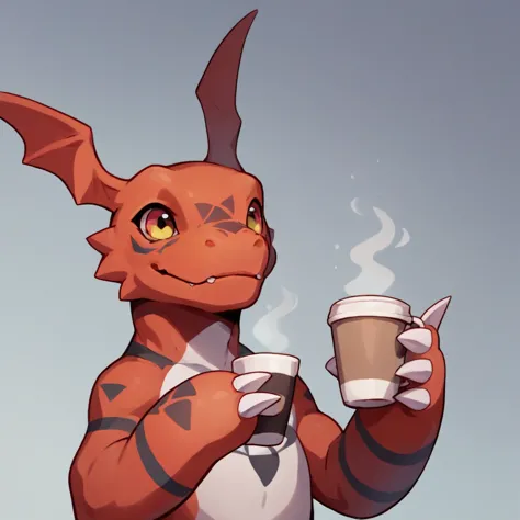 A guilmon, cute expression, holding a cup of coffee, winter backround