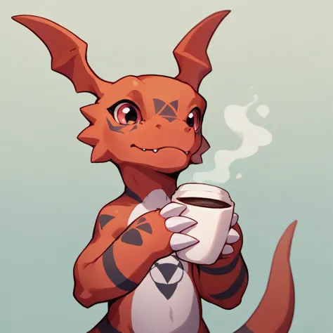 A guilmon, cute expression, holding a cup of coffee, winter backround