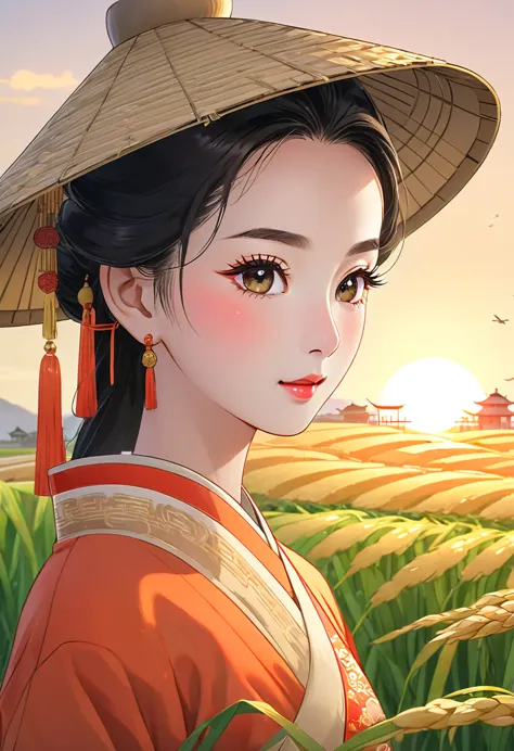 A beautiful sunrise over rice fields in China, Chinese farmers harvesting rice, beautiful detailed eyes, beautiful detailed lips...