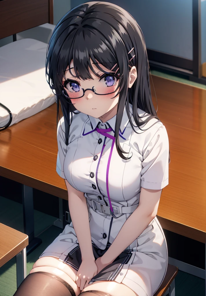 maisakurajima, mai sakurajima, Long Hair, bangs, (Black Hair:1.5), hair ornaments, (Purple eyes:1.1), Hair Clip, rabbit hair ornaments,blush,Embarrassing,Glasses,
Looking up at the audience, White stockings and garter belt, Exposed Skin, nurse's uniform, Wear a stethoscope around your neck, Retaining the exam file, Examination room、Sitting in a chair,whole bodyがイラストに入るように,
break indoors, Examination room,
break looking at viewer, whole body,
break (masterpiece:1.2), Highest quality, High resolution, unity 8k wallpaper, (figure:0.8), (Beautiful attention to detail:1.6), Highly detailed face, Perfect lighting, Highly detailed CG, (Perfect hands, Perfect Anatomy),