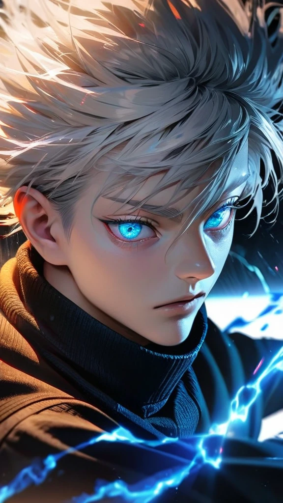  High quality, ultra realistic,absurdres, highres, ultra detailed, HDR, masterpiece, extremely detailed face and eyes,  Gojo satoru , jujutsu kaisen,, white hair ,black shirt , solo, ,man, handsome, ,white eyeleshes, blue eyes , Epic fight scene, blue splashing effect,blue lightning  effect,glowing glitters , close up,cool eyes, symetrical 