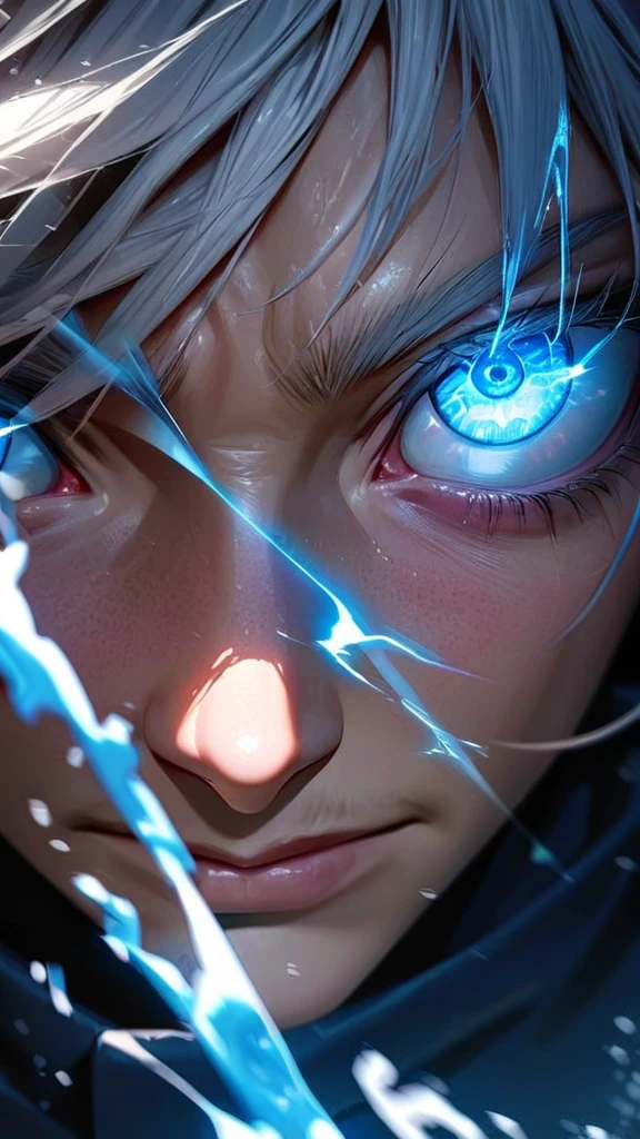  High quality, ultra realistic,absurdres, highres, ultra detailed, HDR, masterpiece, extremely detailed face and eyes,  Gojo satoru , jujutsu kaisen,, white hair ,black shirt , solo, ,man, handsome, ,white eyeleshes, blue eyes , Epic fight scene, blue splashing effect,blue lightning  effect,glowing glitters , close up,cool eyes, symetrical 