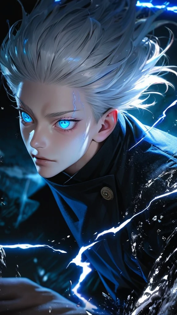  High quality, ultra realistic,absurdres, highres, ultra detailed, HDR, masterpiece, extremely detailed face and eyes,  Gojo satoru , jujutsu kaisen,, white hair ,black shirt , solo, ,man, handsome, ,white eyeleshes, blue eyes , Epic fight scene, blue splashing effect,blue lightning  effect,glowing glitters , close up,cool eyes, symetrical 