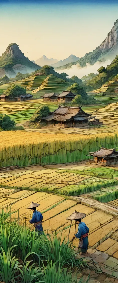 A beautiful sunrise over rice fields in China, Chinese farmers harvesting rice, beautiful detailed eyes, beautiful detailed lips...