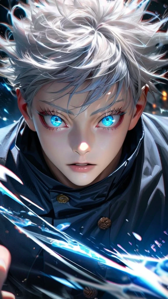  High quality, ultra realistic,absurdres, highres, ultra detailed, HDR, masterpiece, extremely detailed face and eyes,  Gojo satoru , jujutsu kaisen,, white hair ,black shirt , solo, ,man, handsome, ,white eyeleshes, blue eyes , Epic fight scene, blue splashing effect,blue lightning  effect,glowing glitters , close up,cool eyes, symetrical 