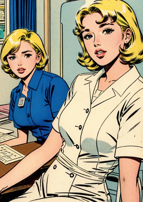 kirbywood, comics, drawing, vintage color comics of a nurse,  blonde hair, [cybsheph | kristen], working in a hospital,  
