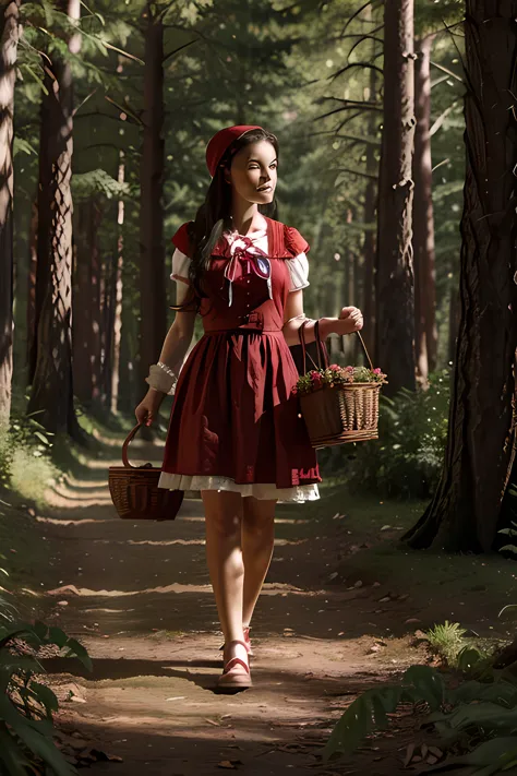 Illustration for a fairy tale about a girl in a red riding hood, who carries pies in a basket for her grandmother through the fo...