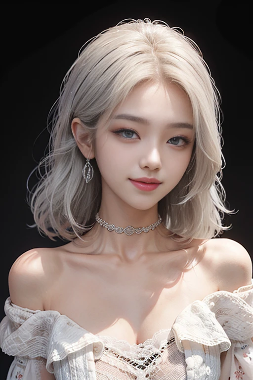 Korean k_pop girl、Beautiful double eyelids、Small breasts,white hair,Beautiful Skin,beautiful maked up face,narrow eyes,thin lips,smile,fun,off_shoulder_knit,large mouth,delicate slim body