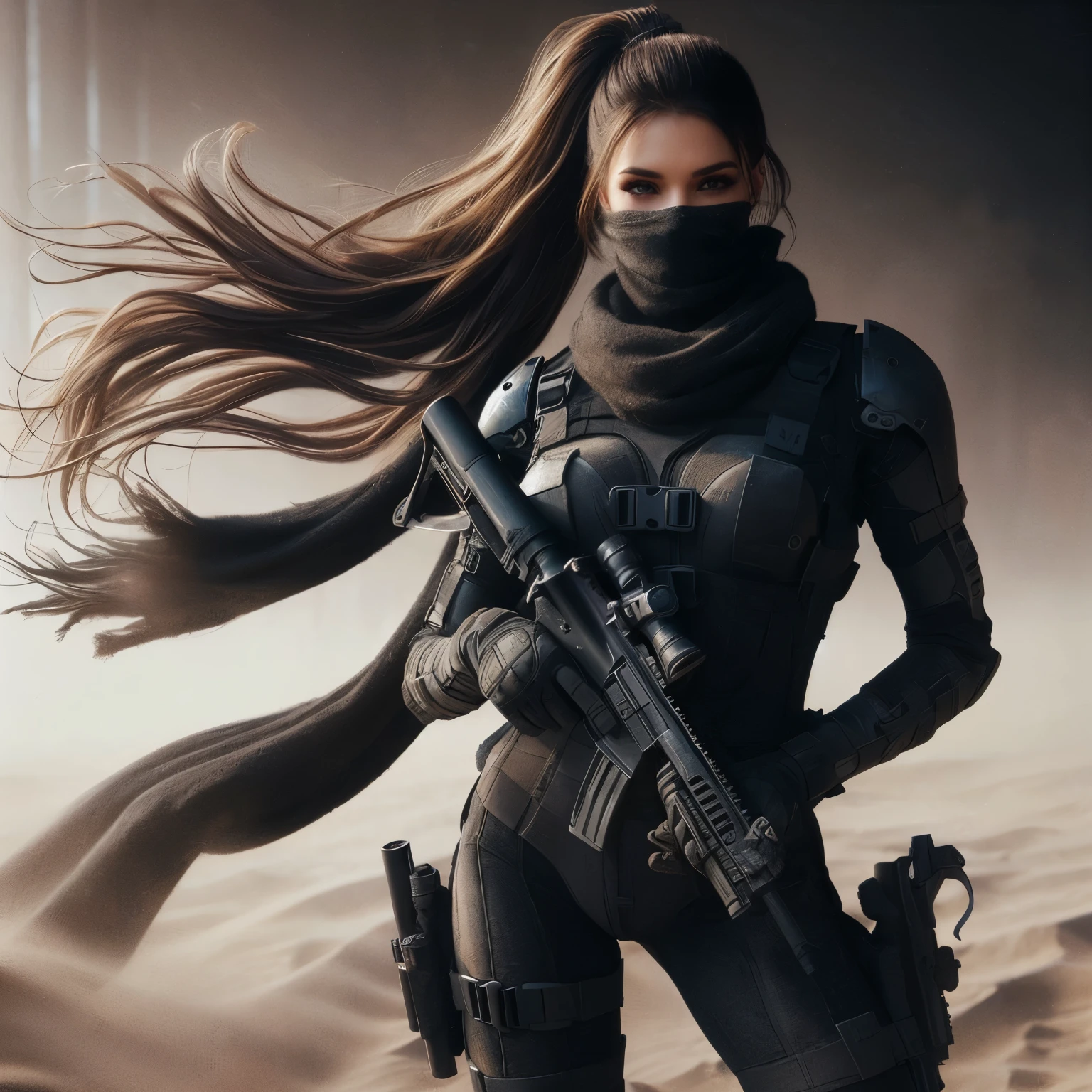 masterpiece, best quality, photorealistic, 8k raw photo, young woman, long hair, American supermodel, full body, ponytail, (space ninja), (special forces body suit), scarf to block windblown sand, beautiful eyes, 2 guns on her back, dust and dirt on face and hands, future, fantasy detailed background, detailed skin, pore, cinematic lighting, ultra detailed, high resolution, small breasts, intricate detailed