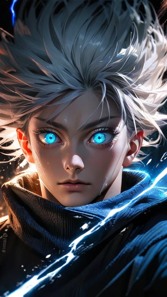  High quality, ultra realistic,absurdres, highres, ultra detailed, HDR, masterpiece, extremely detailed face and eyes,  Gojo satoru , jujutsu kaisen,, white hair ,black shirt , solo, ,man, handsome, ,white eyeleshes, blue eyes , Epic fight scene, blue splashing effect,blue lightning  effect,glowing glitters , close up,cool eyes, symetrical 