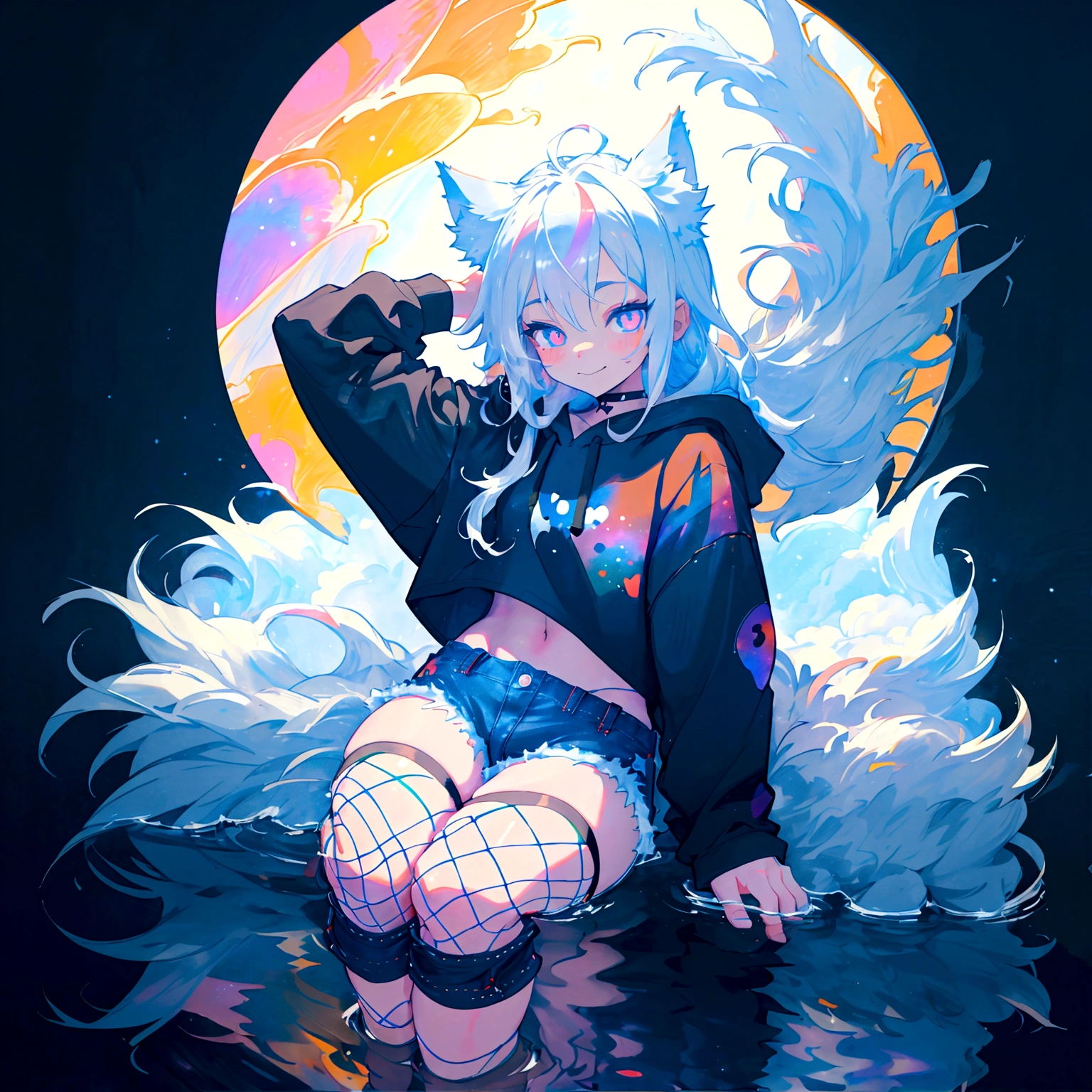 a cute adult male with wolf ears, long white hair, long locks, has a wolf tail, wearing a loose cropped black hoodie, wearing a pair of denim short shorts and fishnet stockings, thick thighs, wide hips, relaxing on mound of fluffy multi colored kawaii plushies, short, very slim, showing slender tummy, heart on hoodie, squishy thighs, has glowing blue eyes. alone, solo (ALONE)(SOLO), surrounded by rainbows, colorful galaxy backround, smiling, stretching out, water reflection