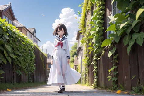 (masterpiece),  town,  blue sky,  one girl,  smile,  alone,  sailor suit、long skirt,  overgrown,  petal,  plant、skirt lining、tra...