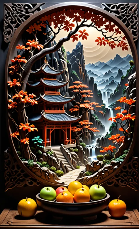 4d top quality, realistic, photorealistic, highly detailed, "Mountain trees and Fruit+Fairies+Chinese Architecture" pot relief s...