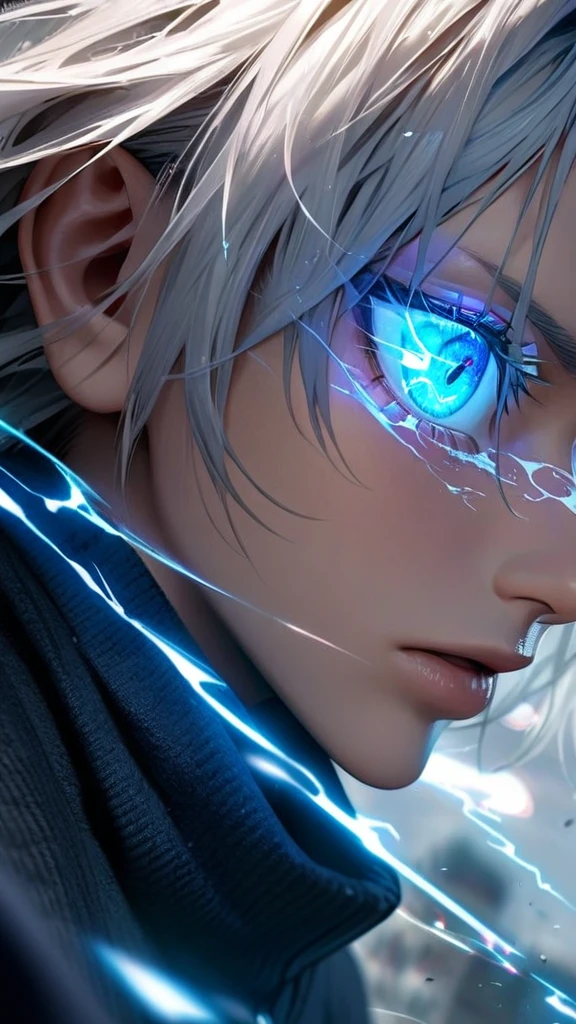  High quality, ultra realistic,absurdres, highres, ultra detailed, HDR, masterpiece, extremely detailed face and eyes,  Gojo satoru , jujutsu kaisen,, white hair ,black shirt , solo, ,man, handsome, ,white eyeleshes, blue eyes , Epic fight scene, blue splashing effect,blue lightning  effect,glowing glitters , close up,cool eyes, symetrical 