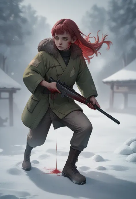 hunting girl with rifle in combat pose in the snow,oriental,blade and soul,ink style,long red hair,yellow and green odd-eye,leat...