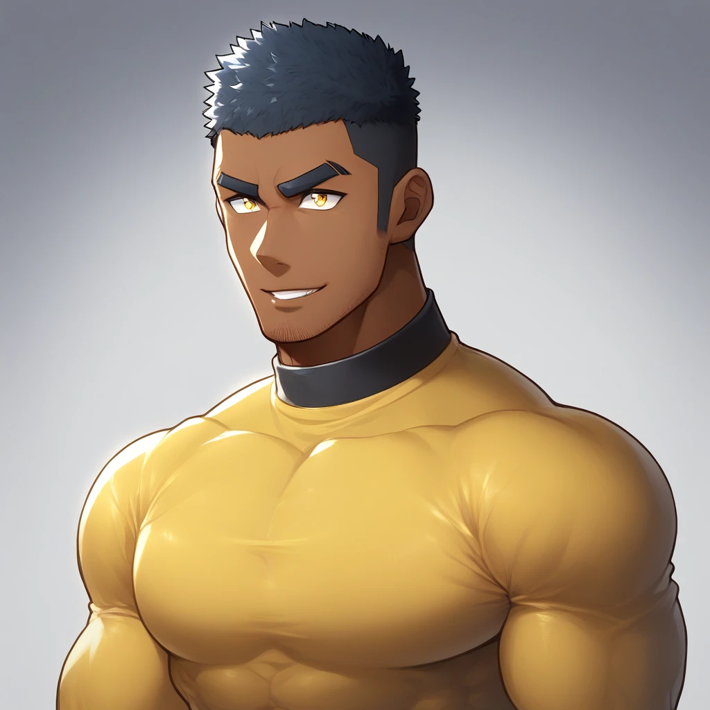 anime characters：Gyee, Muscle Sports Student, negro black skin, 1 dark skin muscular tough guy, Manliness, male focus, Light yellow high collar long sleeve tight T-shirt, Slightly transparent material, Very tight, Round, full and perky chest muscles, Slightly transparent, muscular male, muscular, only, Upper body, alone, Black short hair, Thick eyebrows, stubble, Yellow eyes, Grey background, simple background, amazing quality, best aesthetics, Ridiculous, bright pupils, crew cut, parted lips, seductive smile, torogao, naughty face, drop shadow, best quality