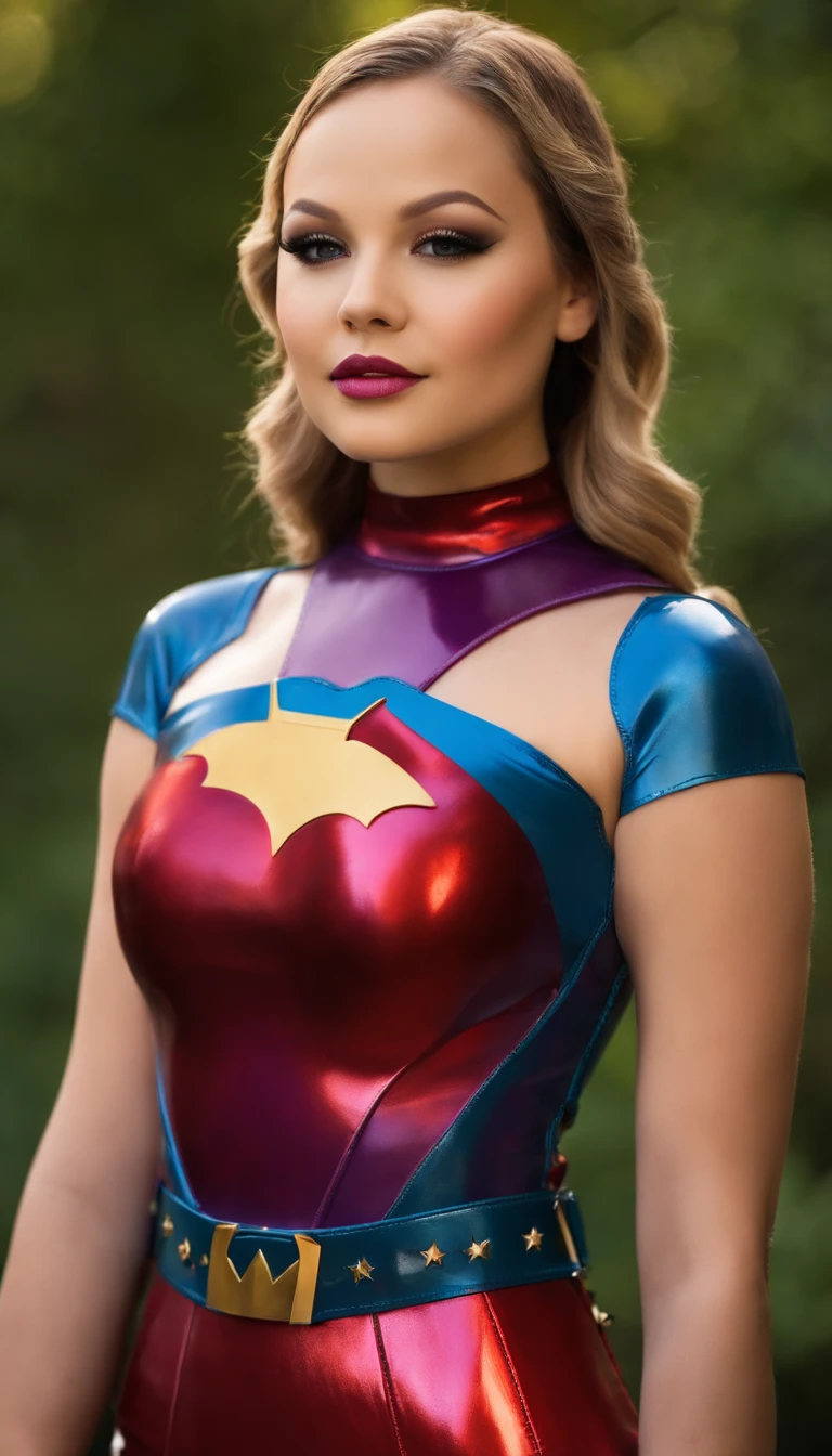 Kelli Berglund, wearing an adult-sized latex superhero outfit with a skirt  that - SeaArt AI