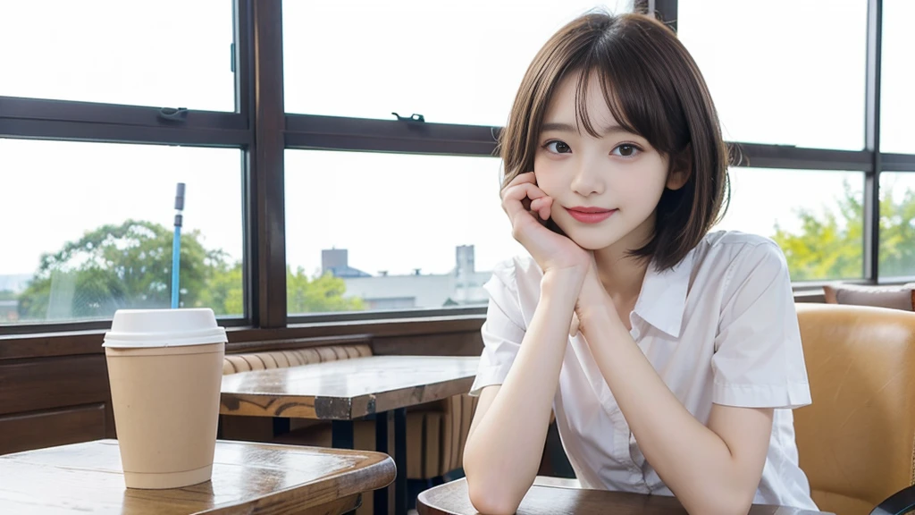 2girl, smile,(bobcut:1.2),bangs,beautiful girl,15 years old,(loli:1.2),(small brests:1.2),(skinny:1.2),highschool student,akb48,nogizaka46, (masutepiece, Best Quality:1.2), 8K,  Pretty Face, Urban Cafe、cafes、Sitting in a chair,Cake and coffee on the table、Fringe hair, hime haircut, Brown hair,