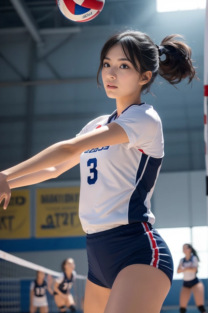 1girl, solo, volleyball player, ready stance, serving volleyball, graceful, skilled, sportswear, volleyball uniform, black hair, short hair, knee pads, elbow pads, (best quality,4k,8k,highres,masterpiece:1.2),ultra-detailed,(realistic,photorealistic,photo-realistic:1.37),professional sports photography, dynamic action, beautiful detailed eyes,beautiful detailed lips,extremely detailed eyes and face,longeyelashes