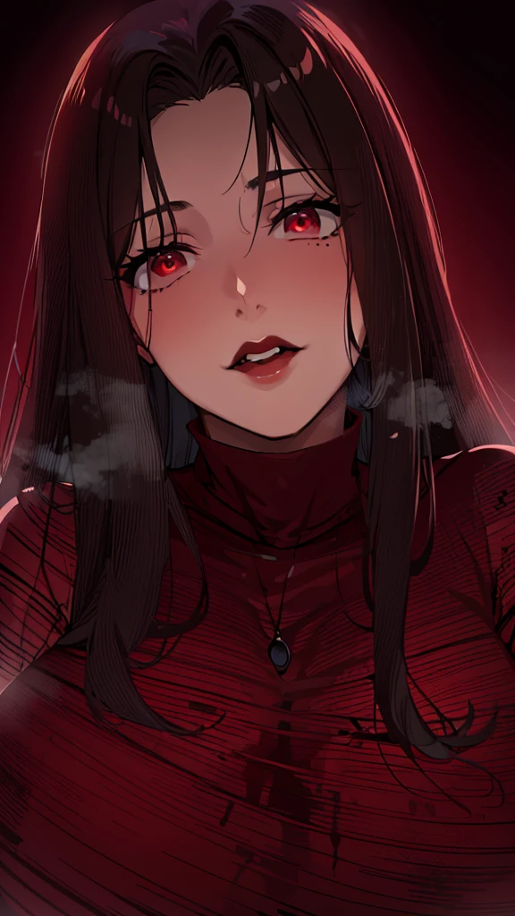 masterpiece:1.2, 1women, sfw, (Romanian girl), (30 years), (Best quality), (real picture, complex parts, depth of field), very detailed, perfect face, (deep red glowing eyes), (dark red lips, pale skin), attractive waist, high, tight belly, (long black straight hair:1.2), (bangs curtain), sexual, (lurge breasts:1.2), hanging breasts ((woman in a dark red shirt)), (front view), dark atmosphere, gothic style, black chain with a black cross, gothic style, (mole in the lower corner of the lips), 